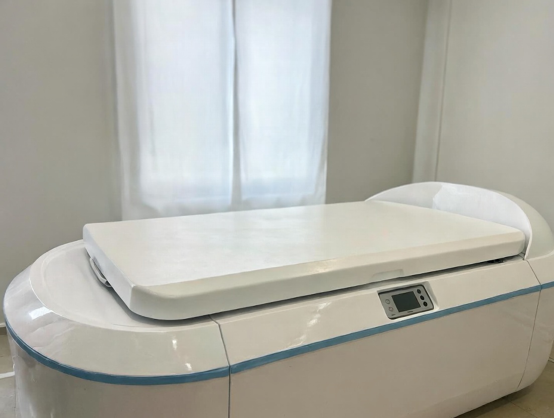 Sleek modern float tank pod exterior in minimalist spa setting with blue accents