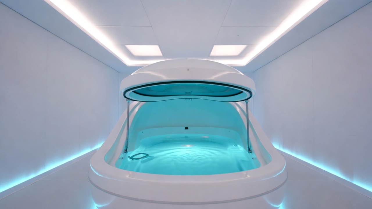 Modern sensory deprivation float tank interior with serene blue lighting and Epsom salt water in Memphis