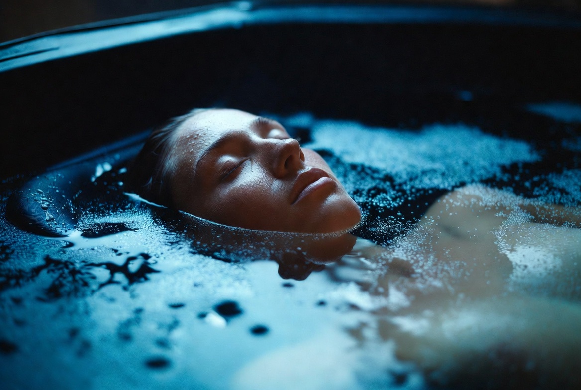 Person peacefully floating in sensory deprivation tank with Epsom salt buoyancy and soft blue glow